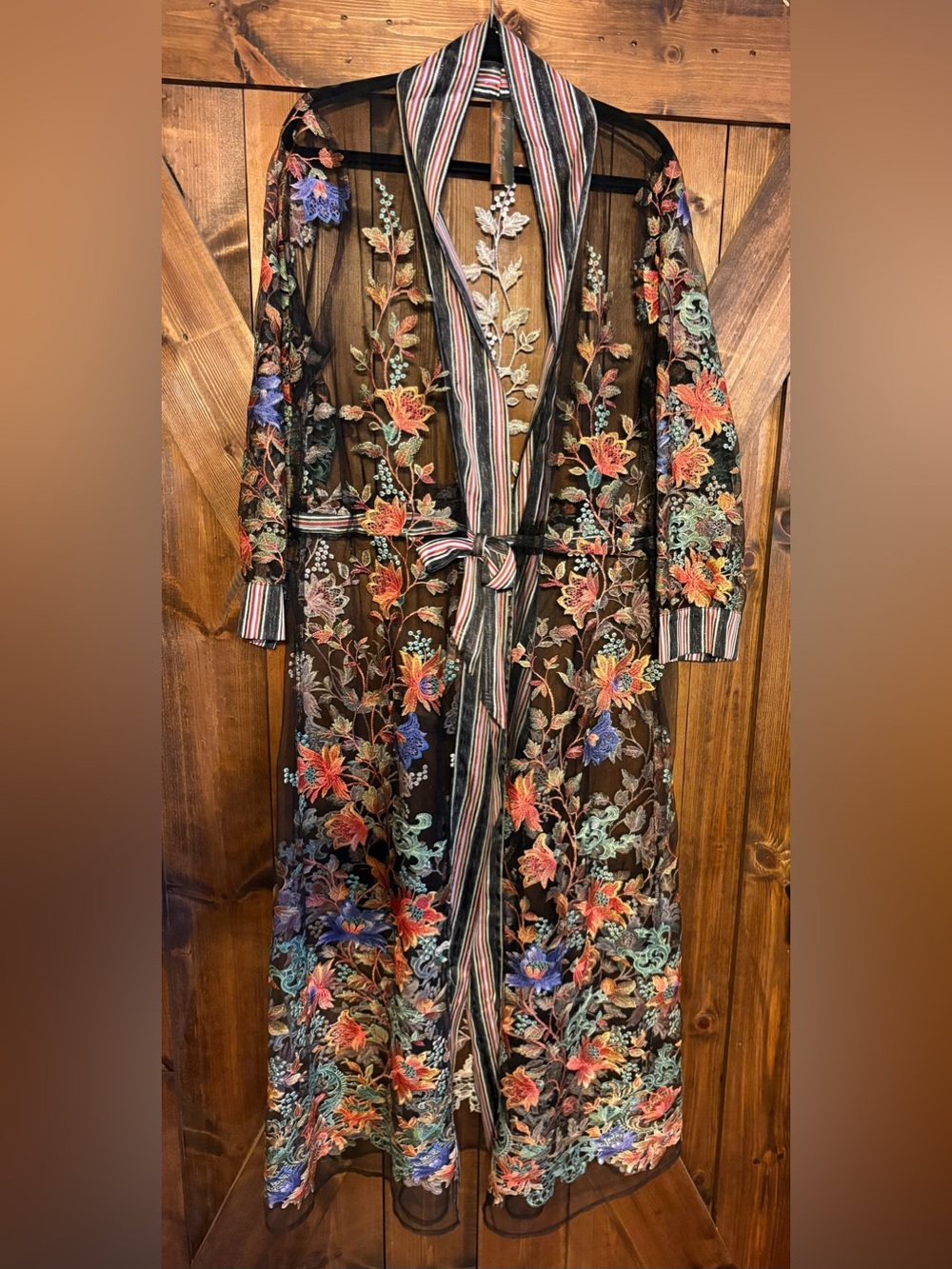 Aratta Sheer Black Floral Embroidered Trench Coat